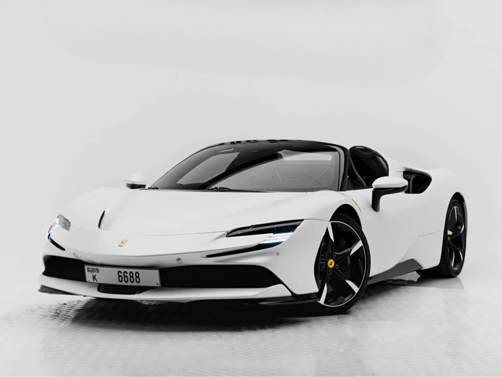 White Ferrari no deposit hire at First Super Car Rental Dubai